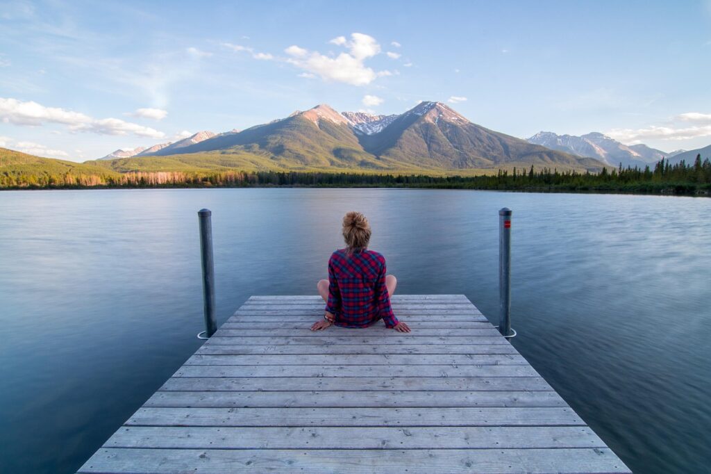 jetty, woman, sitting, relaxing, dock, nature, lake, landscape, outdoors, person, scenery, serene, calm, tranquil, girl, blue landscape, blue relax, blue calm, blue lake